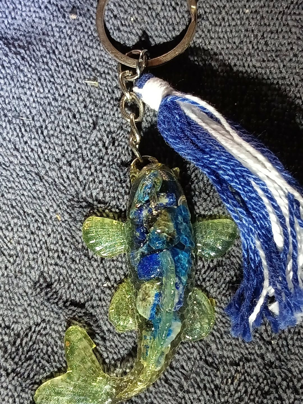 Handmade Lapis Lazuli Resin Koi Fish Keychain with Blue & White Tassel Bag Charm
